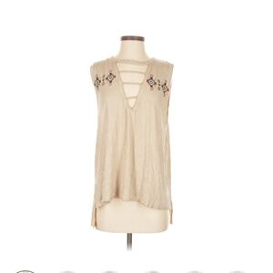 Beige Sleeveless Tank Tribal Embroidered Cut-out Design POL Sm
